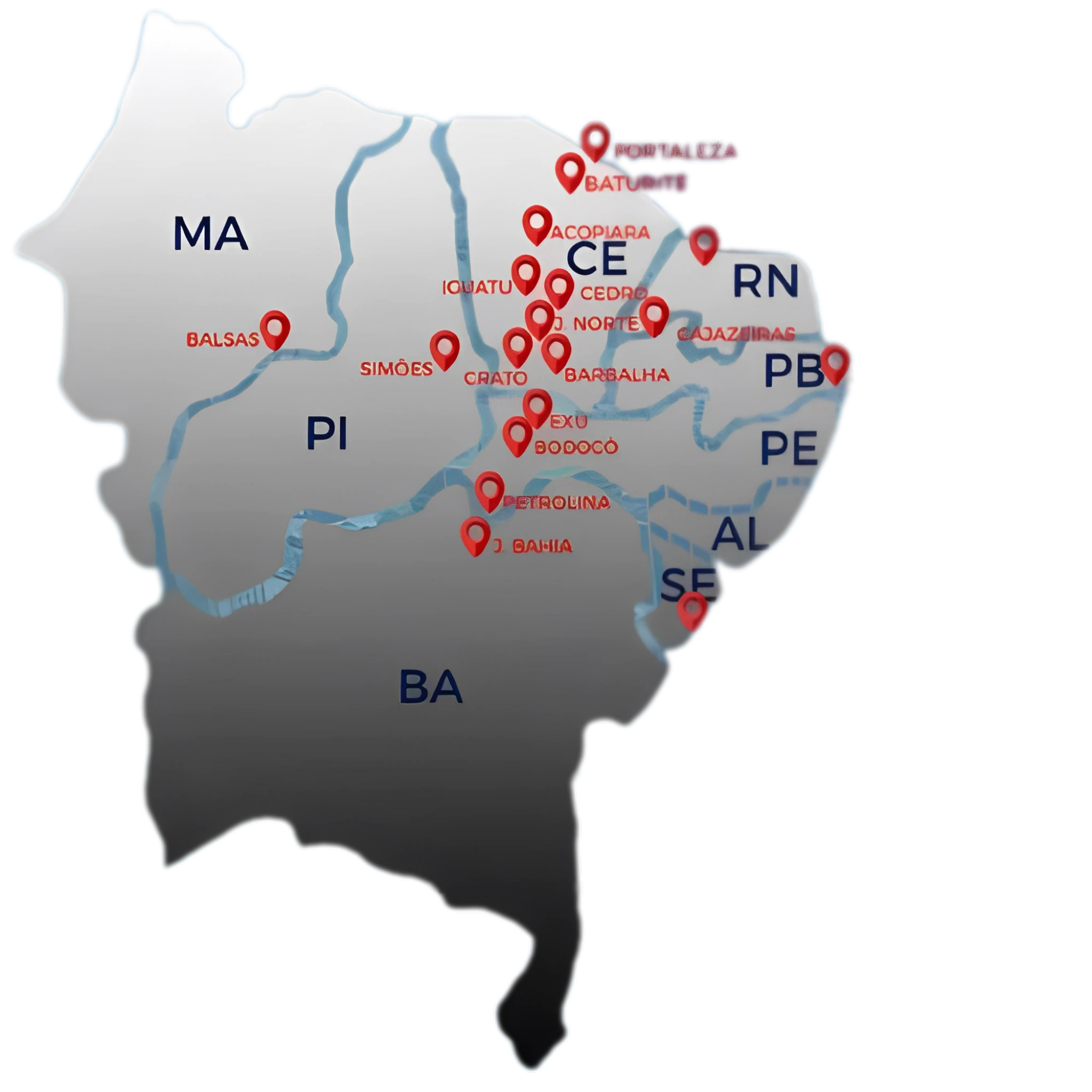 Mapa da área de atuação da Montarte Inox